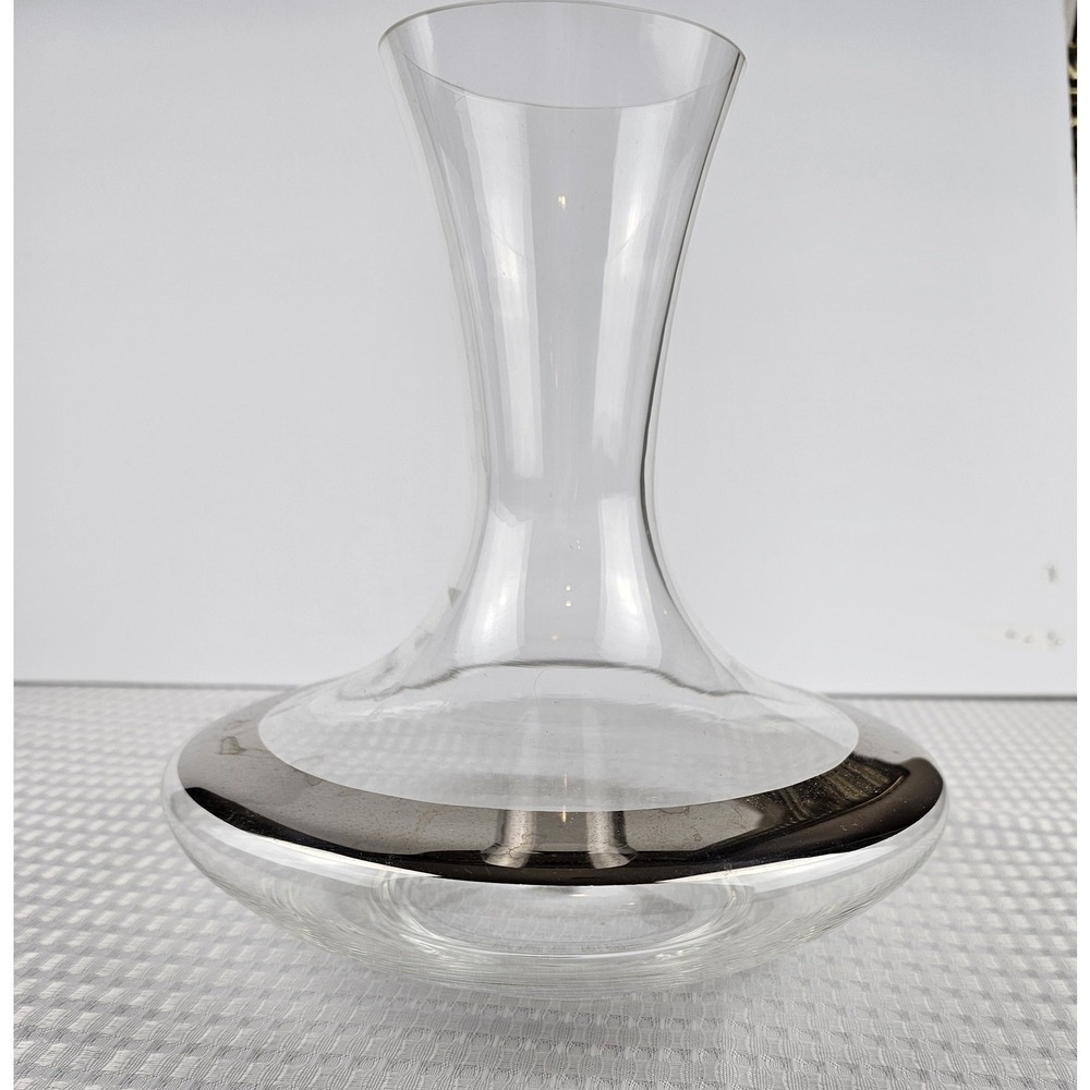 Modern Glass‎ Wine Decanter with Silver Band Accent Clear Flared Carafe 8.5in